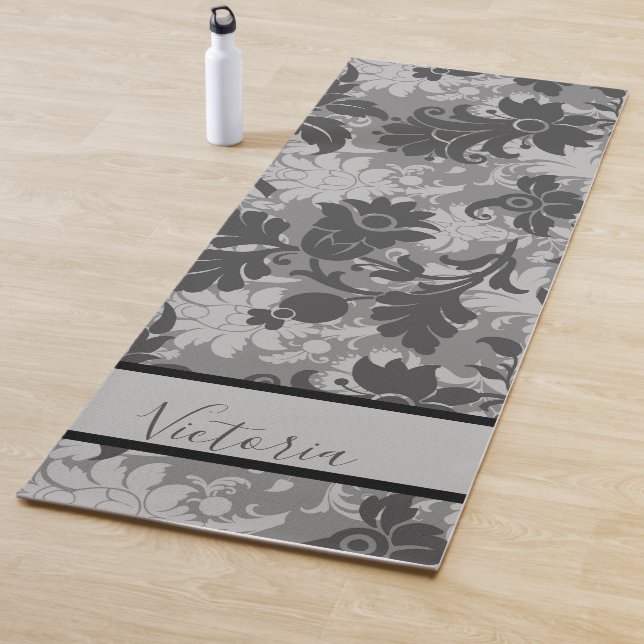 Customized Black Grey Floral Damask Name Yoga Mat (In Situ)