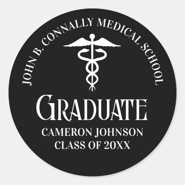 Customized Black Medical School Graduation Party Classic Round Sticker (Front)