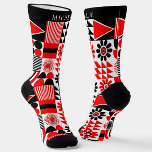 Customized Black Red White Geometric Pattern Socks