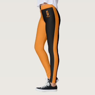 Customized Black Tangerine Orange Stripes Monogram Leggings