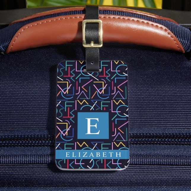 Customized Black Teal Blue Abstract Pattern Luggage Tag (Front Insitu 2)