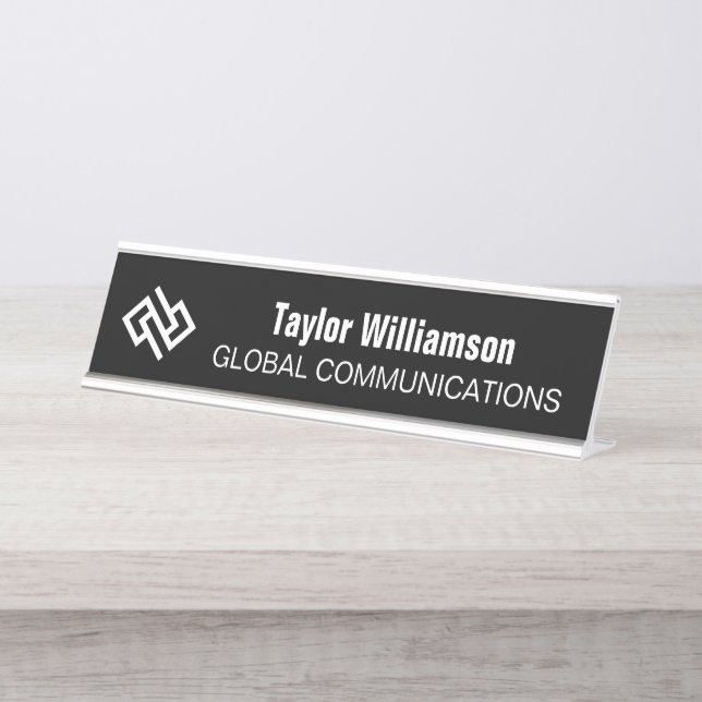 Customized Black White Cyber Company Desk Name Plate (Front)