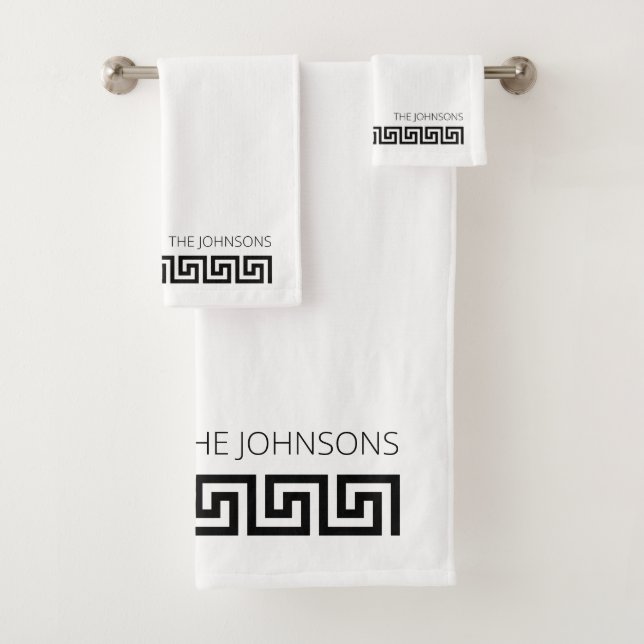 Customized Black White Modern Greek Key Bath Towel Set (Insitu)