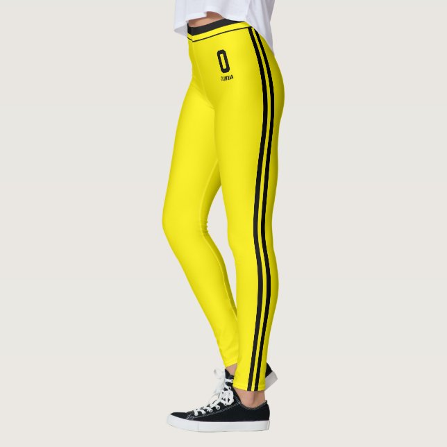 Customized Blazing Yellow Black Stripes Monogram Leggings (Left)