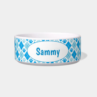 Customized Blue Argyle Paw Print Bowl