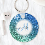Customized Blue Glitter Mermaid Monogram Name Keychain<br><div class="desc">Easily personalize this beautiful sparkly blue faux glitter keychain with your custom handwritten script monogram and name.</div>