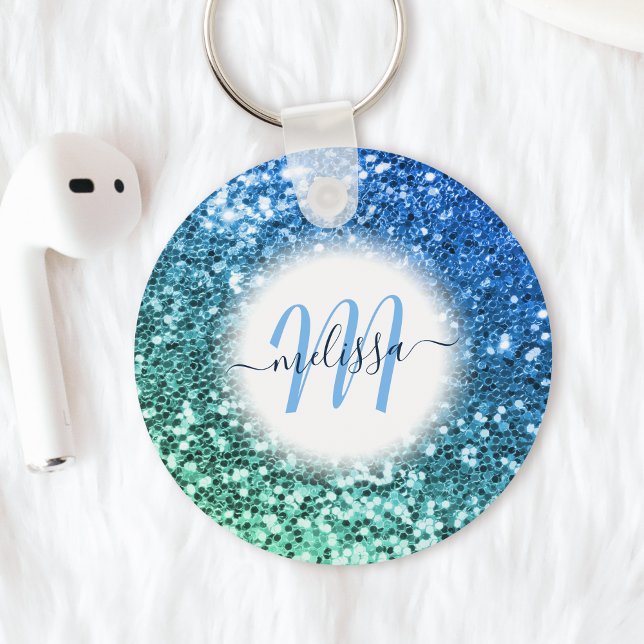 Customized Blue Glitter Mermaid Monogram Name Keychain (Creator Uploaded)