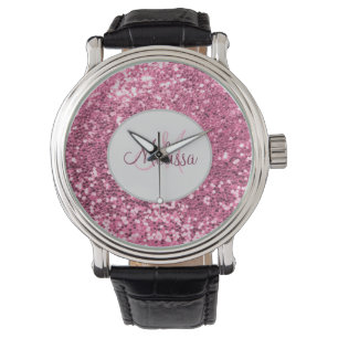 Customized Blush Pink Pretty Glitter Monogram Name Watch
