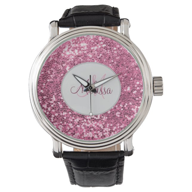 Customized Blush Pink Pretty Glitter Monogram Name Watch (Front)