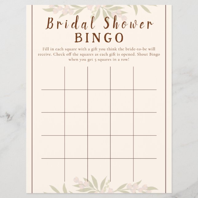 Customized Boho Floral Bridal Shower Bingo Game Flyer (Front)