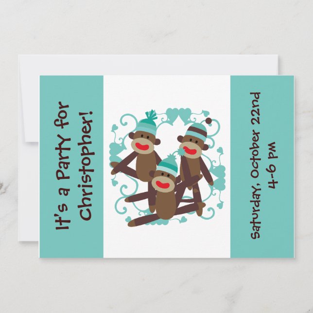 Customized Boy Sock Monkey 5x7 Invitations (Front)