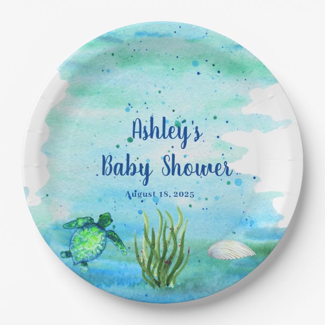 Customized Boys Sea Turtle Baby Shower     Paper Plate (Front)