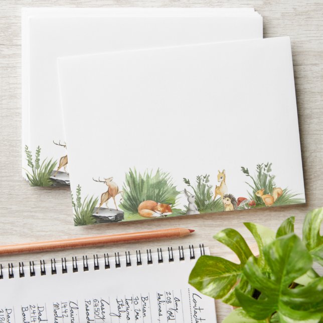 Customized Brown Baby Deer & Forest Friends Invite Envelope (Stacked)