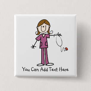 Customized Brown Hair Stick Figure Nurse  Button