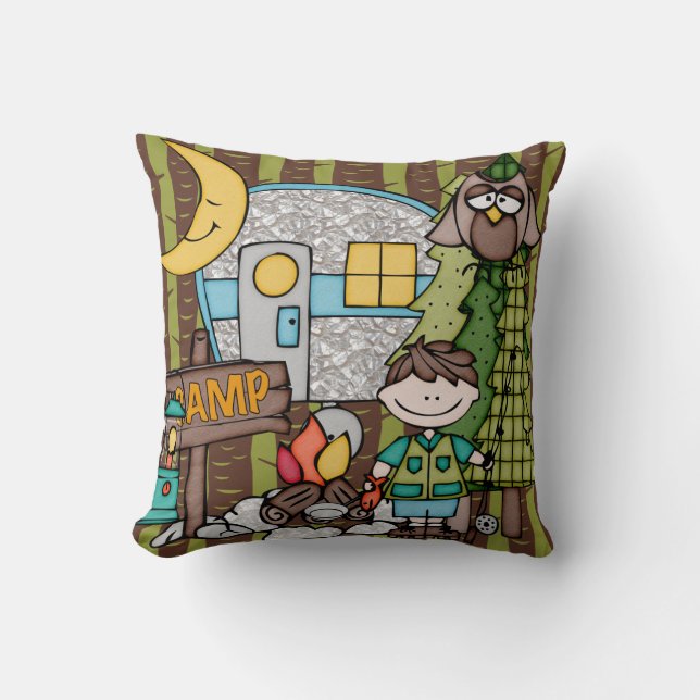 Customized Brown Haired Boy Camping Pillow (Front)