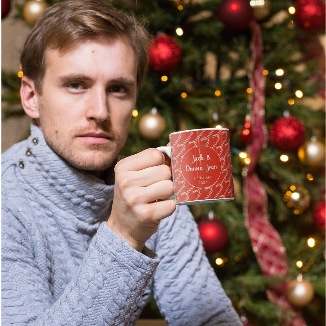 Customized Candy Cane Christmas Mug (Custom Names on a Candy Cane Background.)