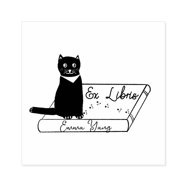 Customized Cat on book Ex Libris Wood Art Stamp (Imprint)