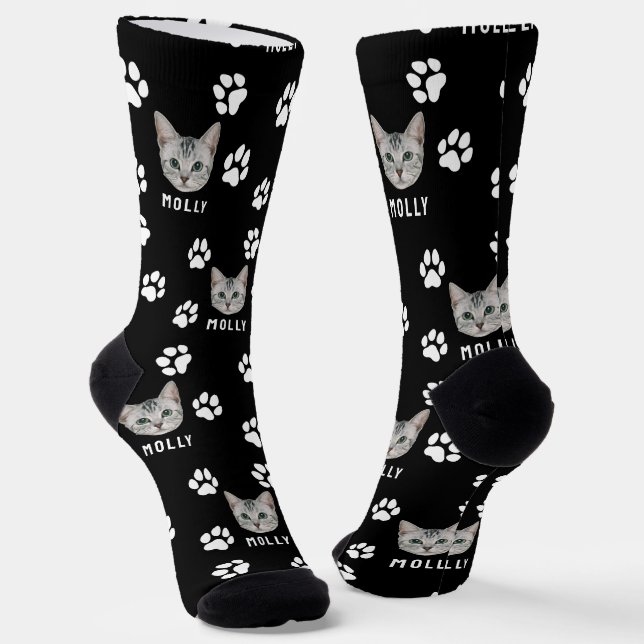 Customized Cat Pet Photo & Name Black Socks (Angled)