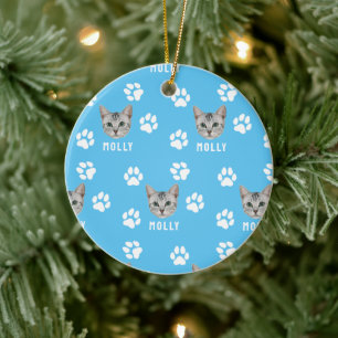 Customized Cat Pet Photo & Name Blue Ceramic Ornament