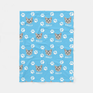 Customized Cat Pet Photo & Name Blue Fleece Blanket