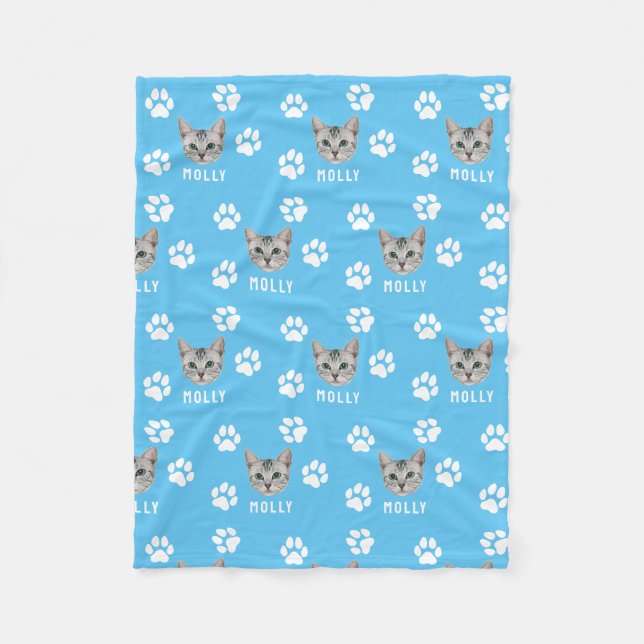 Customized Cat Pet Photo & Name Blue Fleece Blanket (Front)