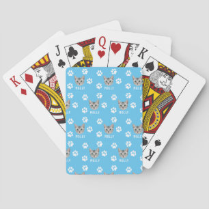 Customized Cat Pet Photo & Name Blue Playing Cards