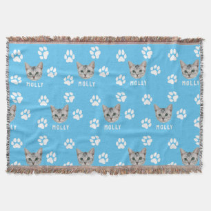 Customized Cat Pet Photo & Name Blue Throw Blanket