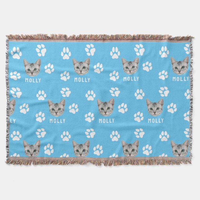 Customized Cat Pet Photo & Name Blue Throw Blanket (Front)