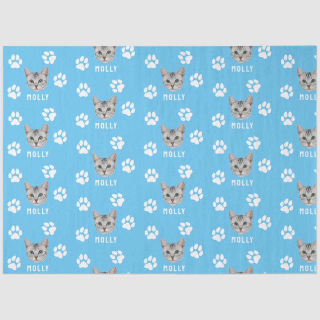 Customized Cat Pet Photo & Name Blue Tissue Paper (Front)