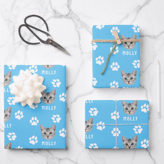 Customized Cat Pet Photo & Name Blue Wrapping Paper Sheet (Front)