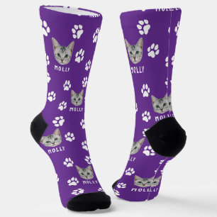 Customized Cat Pet Photo & Name Purple Socks