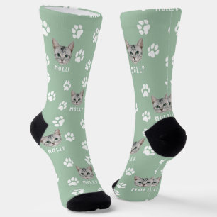 Customized Cat Pet Photo & Name Sage Green Socks