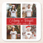 Customized Christmas 4 Photo Collage Square Paper Coaster<br><div class="desc">Simple modern 4 photo family Christmas holiday coaster for parties and holiday dinners. Create a combination of photos with mom, dad, pets, then add your names underneath the merry bright in script font, at the centre of your photo composition. Be creative with different combinations. The whole family in each photo,...</div>