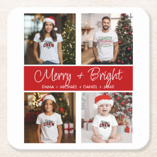 Customized Christmas 4 Photo Collage Square Paper Coaster