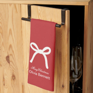 Customized Christmas Beautiful Red White Rope Bow Kitchen Towel