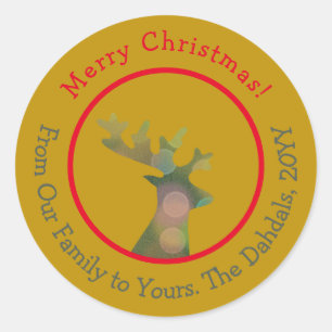 Customized Christmas Bokeh Reindeer Head Red Gold  Classic Round Sticker