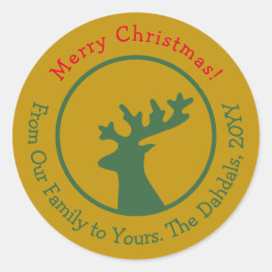 Customized Christmas Reindeer Head Green Red Gold  Classic Round Sticker