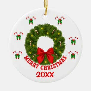 Customized Christmas Wreath with Candy Canes Ceramic Ornament
