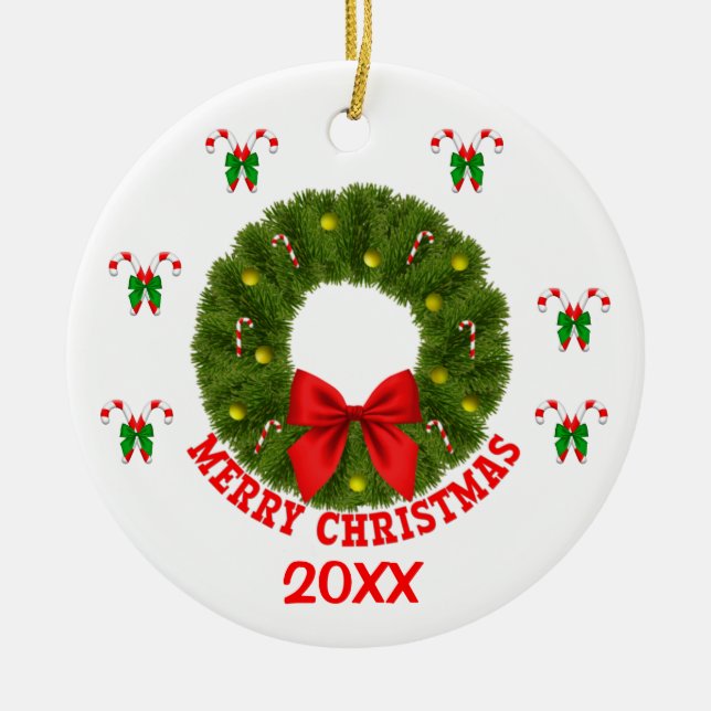 Customized Christmas Wreath with Candy Canes Ceramic Ornament (Front)