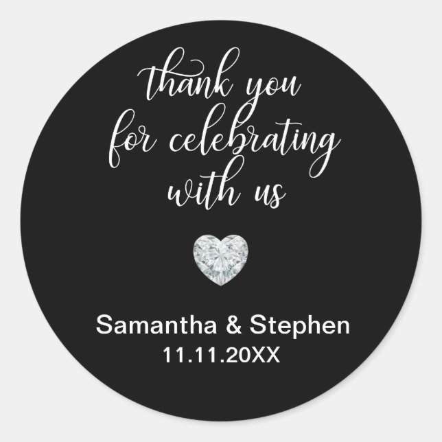 Customized Classic Diamond Black & White Wedding Classic Round Sticker (Front)