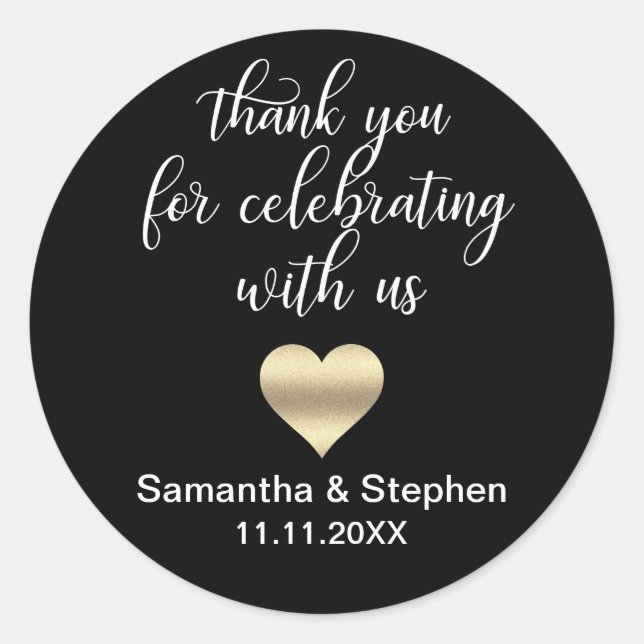 Customized Classic Gold Heart Black White Wedding Classic Round Sticker (Front)