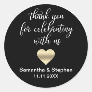 Customized Classic Gold Heart Black White Wedding Round Sticker
