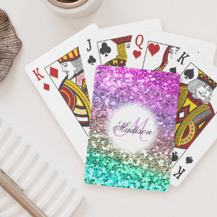 Customized Colourful Glitter Mermaid Monogram Name Playing Cards