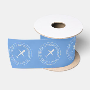 Customized Congrats Soaring High Airplane on Blue Satin Ribbon