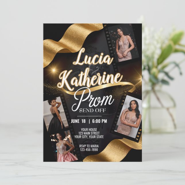 Customized Couple Photos Prom Send Off Gold Ribbon Invitation (Standing Front)