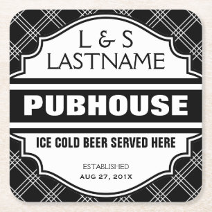 Customized Couple  Pubhouse Beer Here Square Paper Coaster