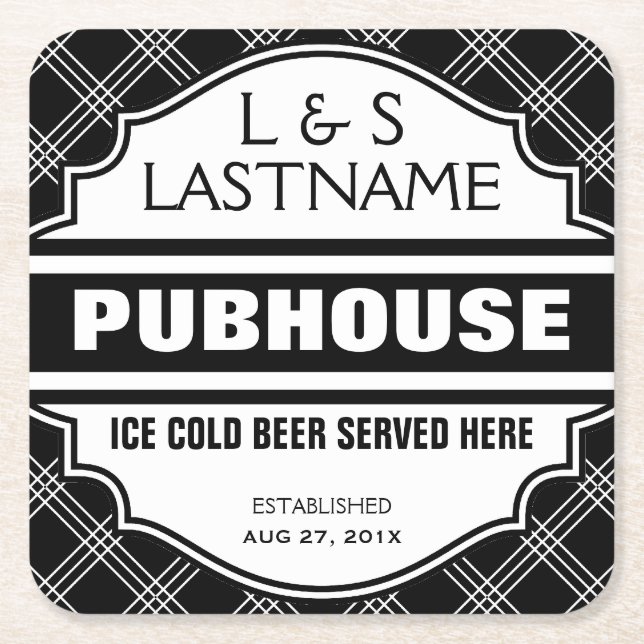 Customized Couple  Pubhouse Beer Here Square Paper Coaster (Front)