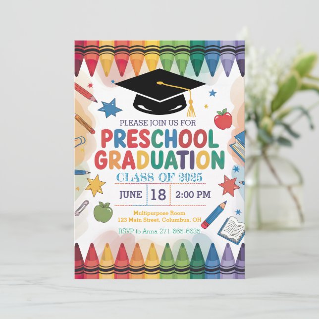 Customized Crayon-Themed Preschool Graduation Invitation (Standing Front)