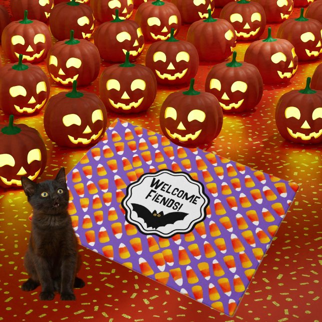 Customized Crazy Candy Corn Black Bat Doormat (Fiends, friends and family will love this fun Halloween doormat. Personalize it!)