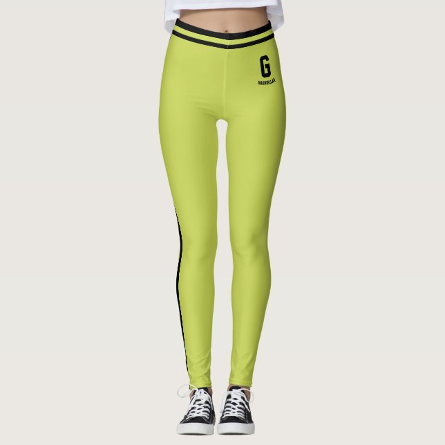 Customized Cute Apple Green Black Stripes Monogram Leggings (Front)